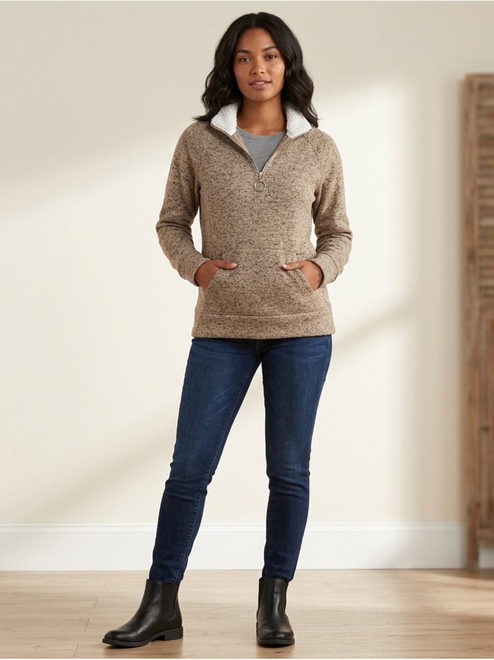 Derek Heart Sherpa Collar 1/4 Zip Pullover Marled Brown Fleece Sweater.
